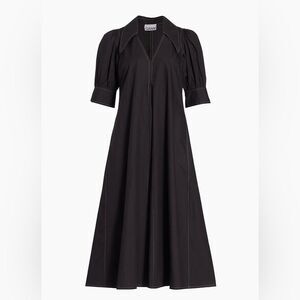 Ganni Cotton Poplin V-Neck Midi Dress, Size Medium